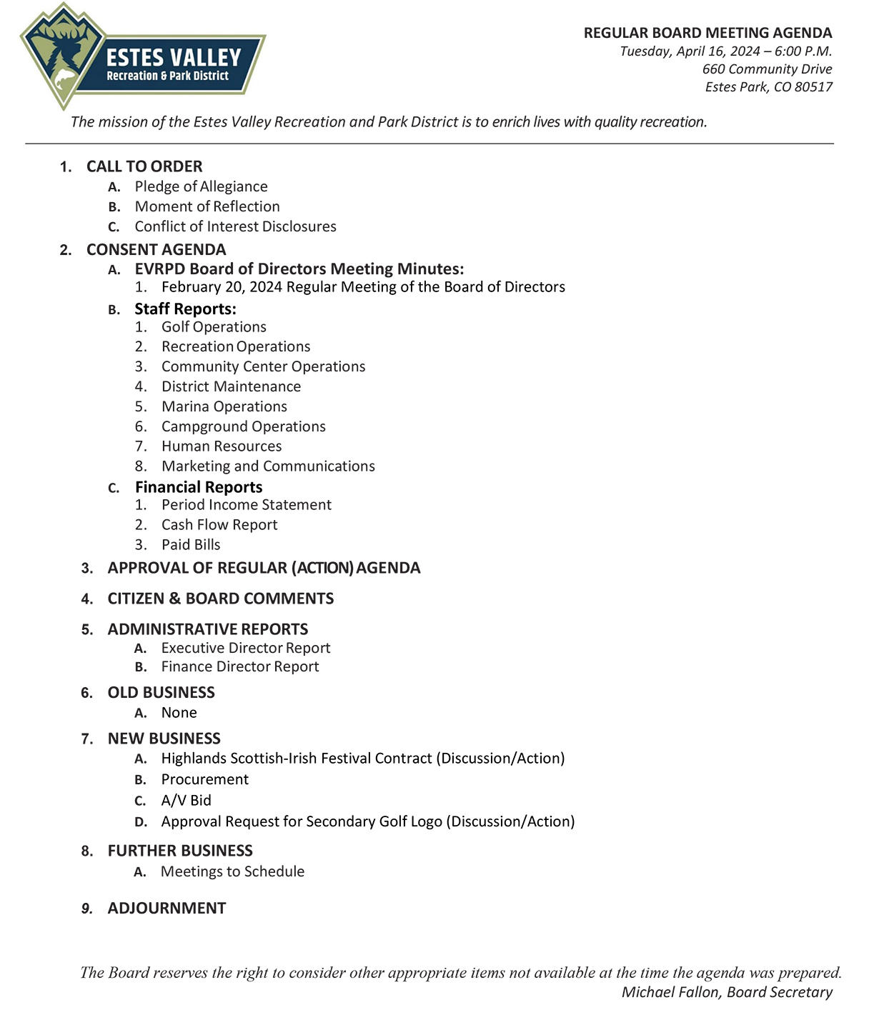 Draft Agenda for April, 2024 EVRPD Board Meeting