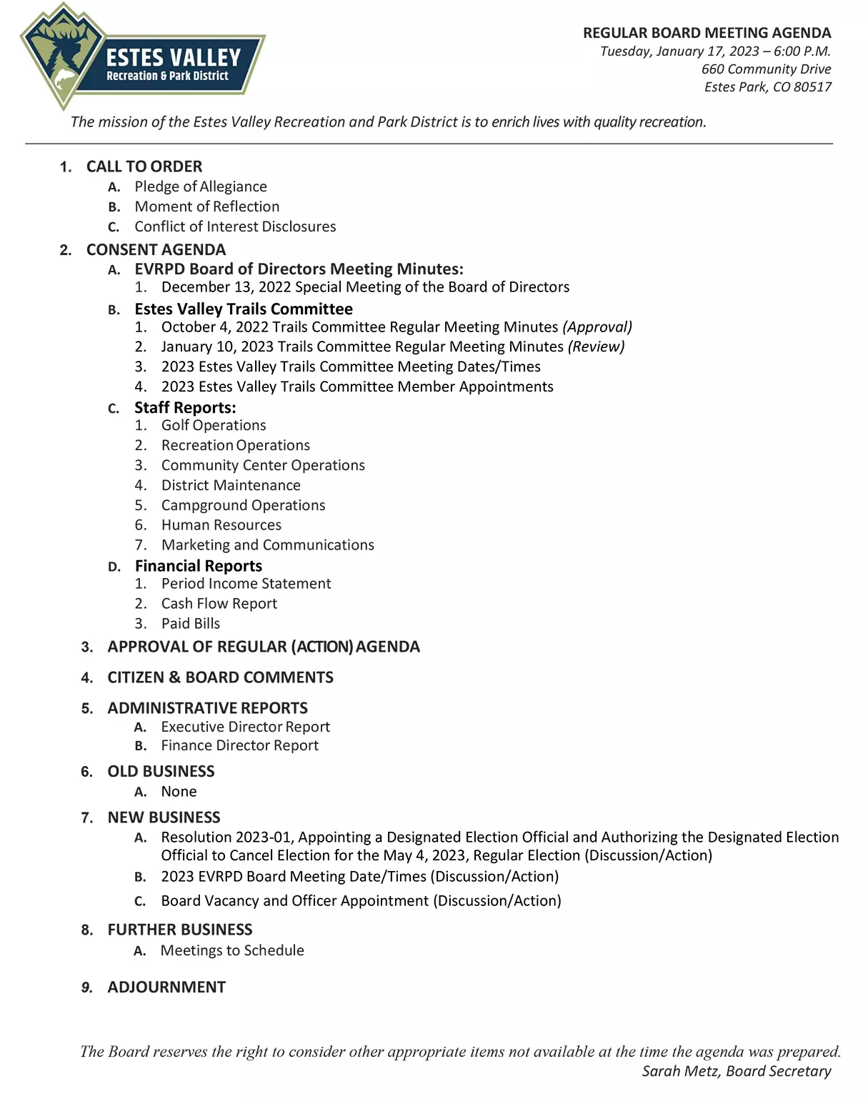 Agenda for January 2023 EVRPD Board of Directors meeting