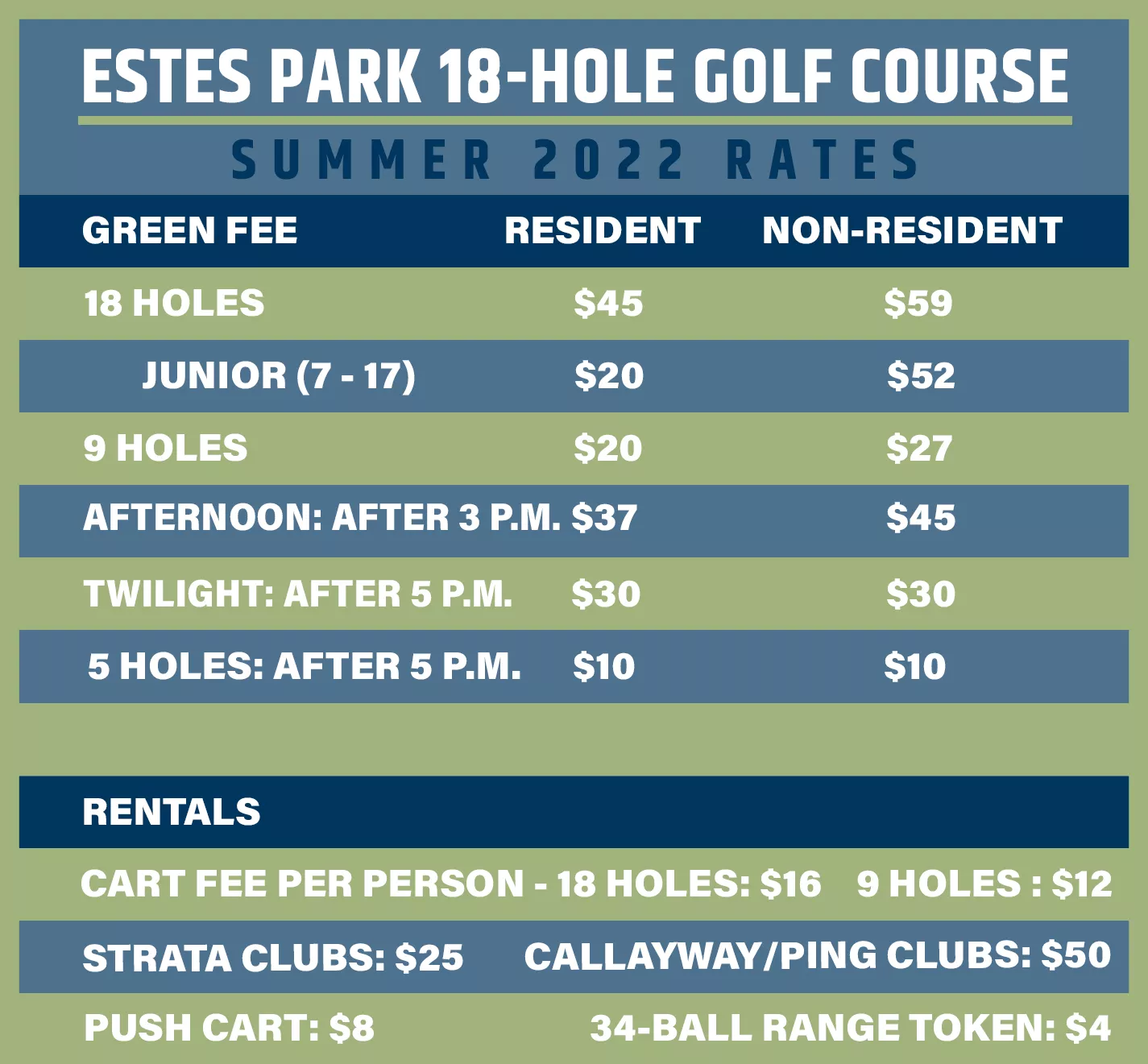 Summer 2022 Rates for the Estes Park 18-Hole Golf Course