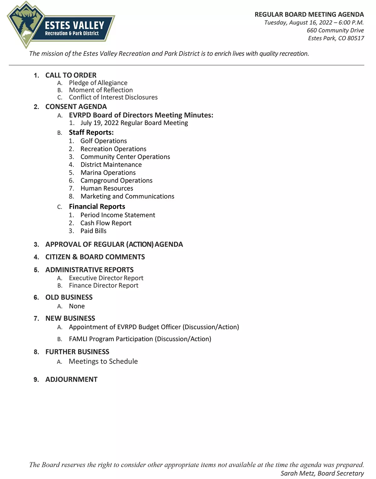 EVRPD Board of Directors Draft Agenda - August 2022