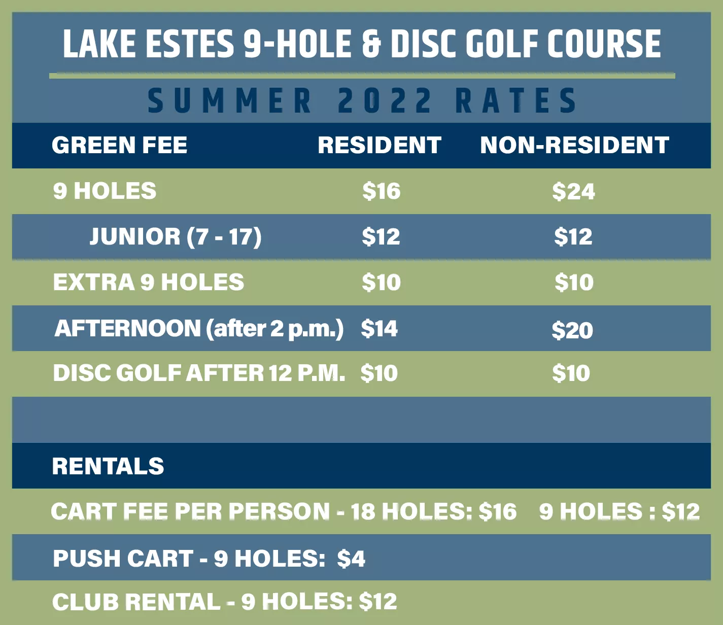 Lake Estes 9-hole and Disc Golf 2022 Rates