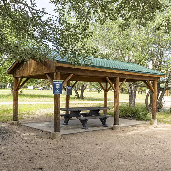 Brown Trout Picnic Shelter on the south side of Lake Estes