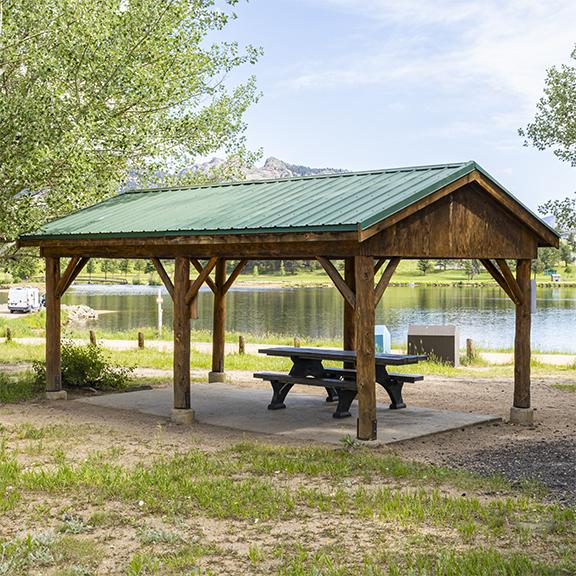Brown Trout Picnic Shelter on the south side of Lake Estes