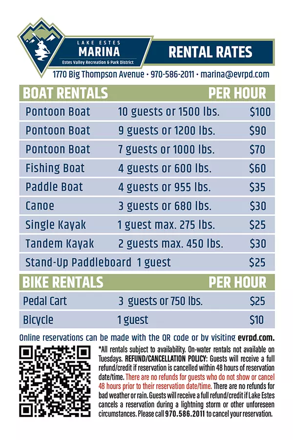 Lake Estes Marina rates for boat, bike and pedal carts