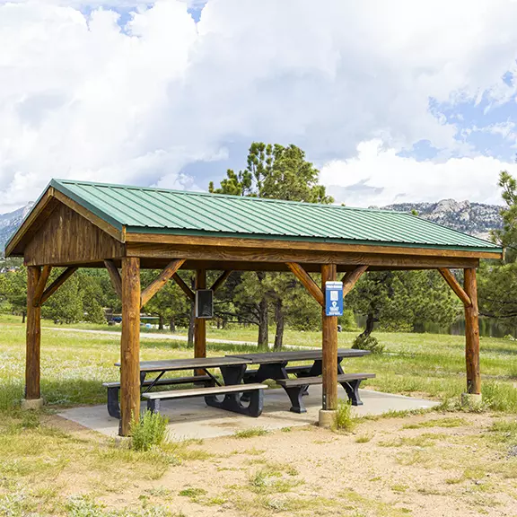 Tiger Muskie picnic shelter on the south side of Lake Estes