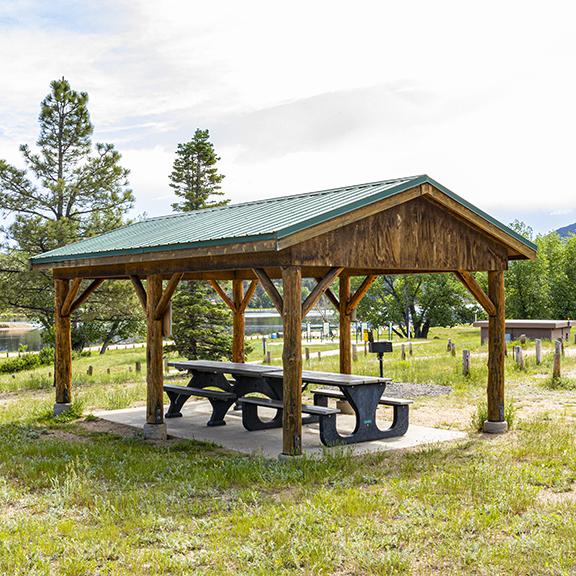 Tiger Muskie Picnic Shelter on the south side of Lake Estes
